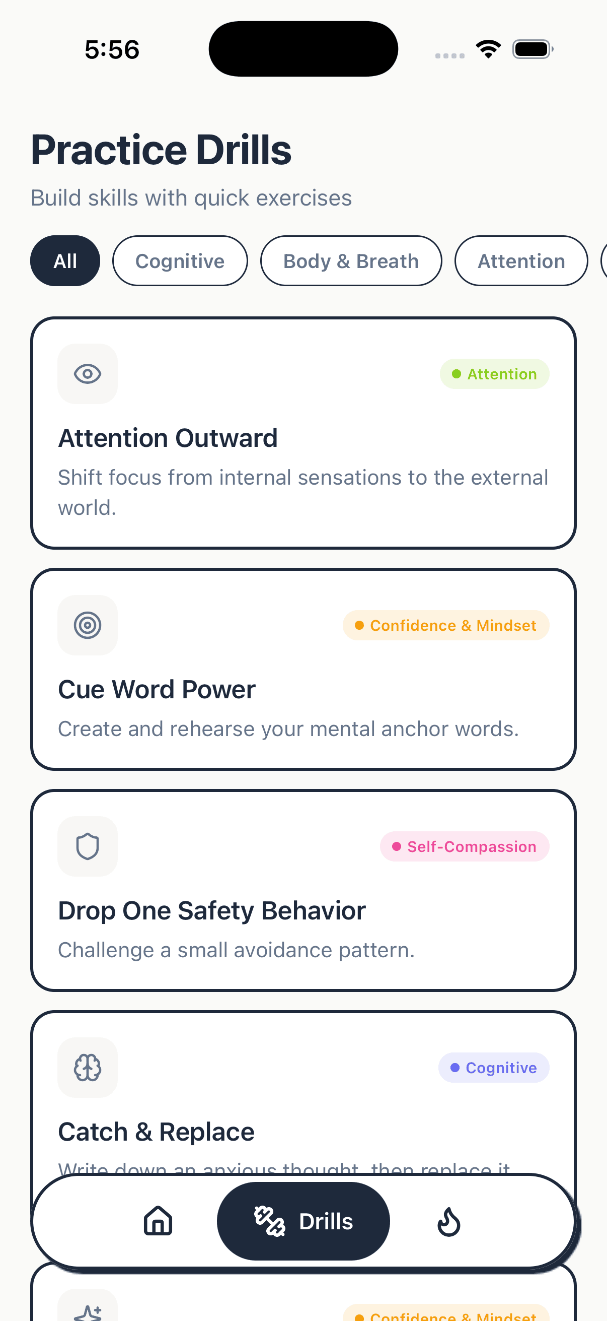 Primo app: Practice Drills list with Cognitive, Body & Breath, Attention, and Self-Compassion categories