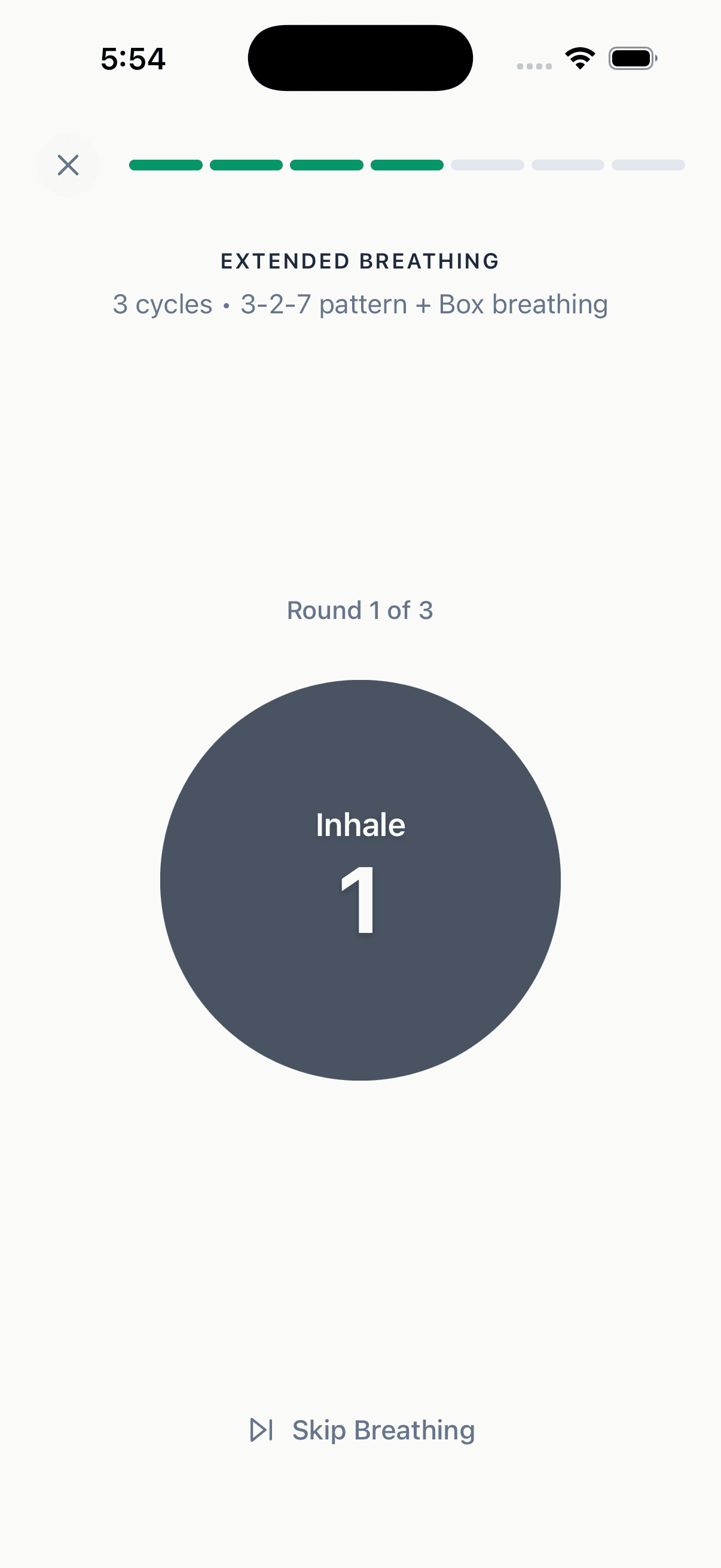 Primo app: guided breathing exercise with inhale circle and round counter
